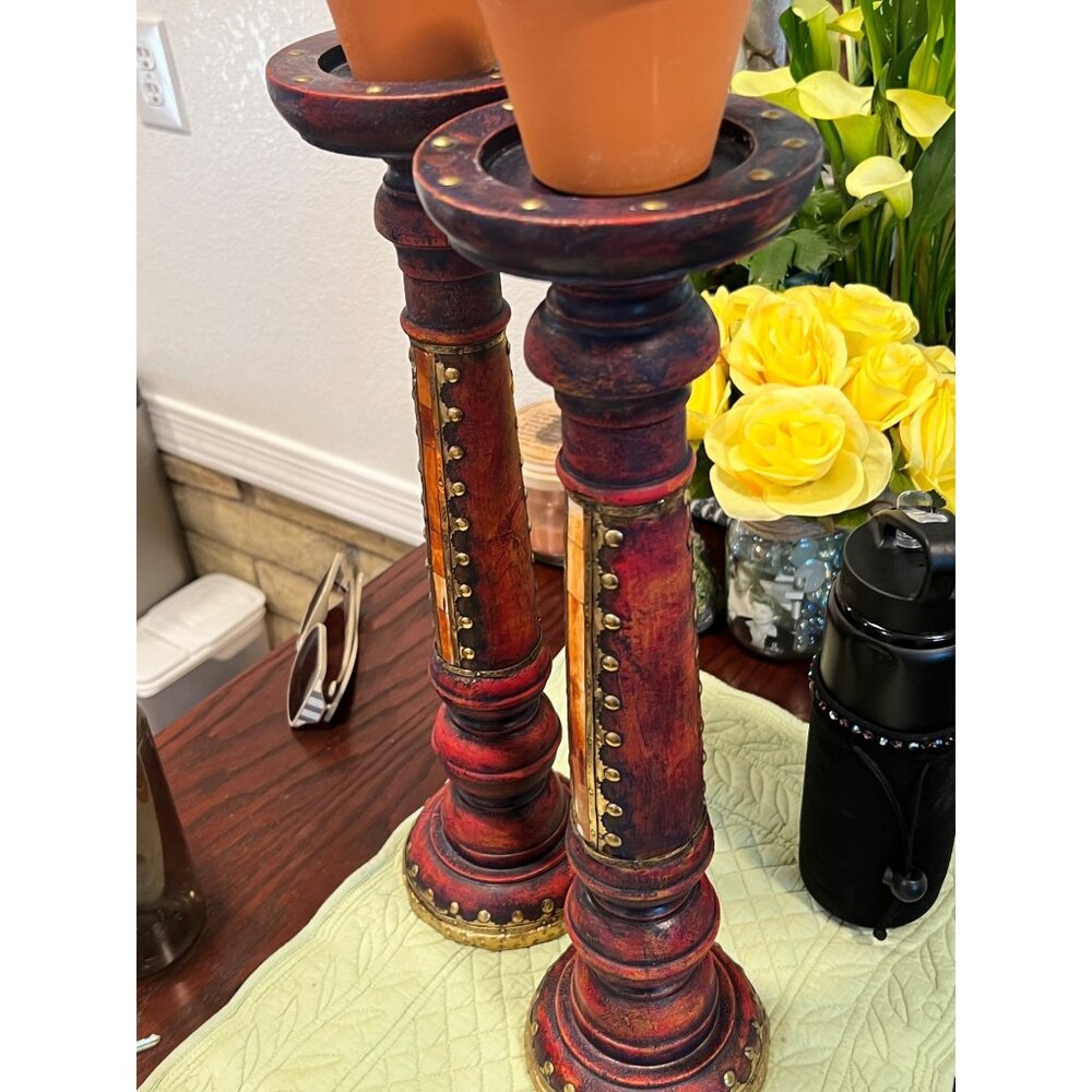 Handcrafted Bohemian-Style Wooden Candle Holders With Brass & Mirror Detailing -